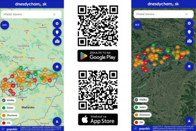 Mapa Slovenska s meracími stanicami a QR kódmi na stiahnutie