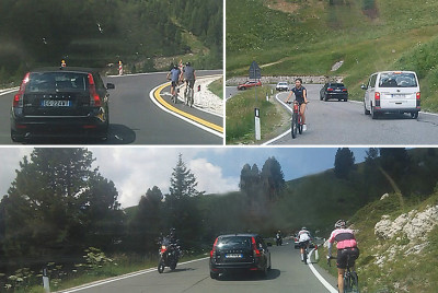 Cyklisti na horských cestách, ktorých obiehajú autá
