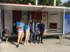 trailer with wood-burning appliances, heating demonstrations
